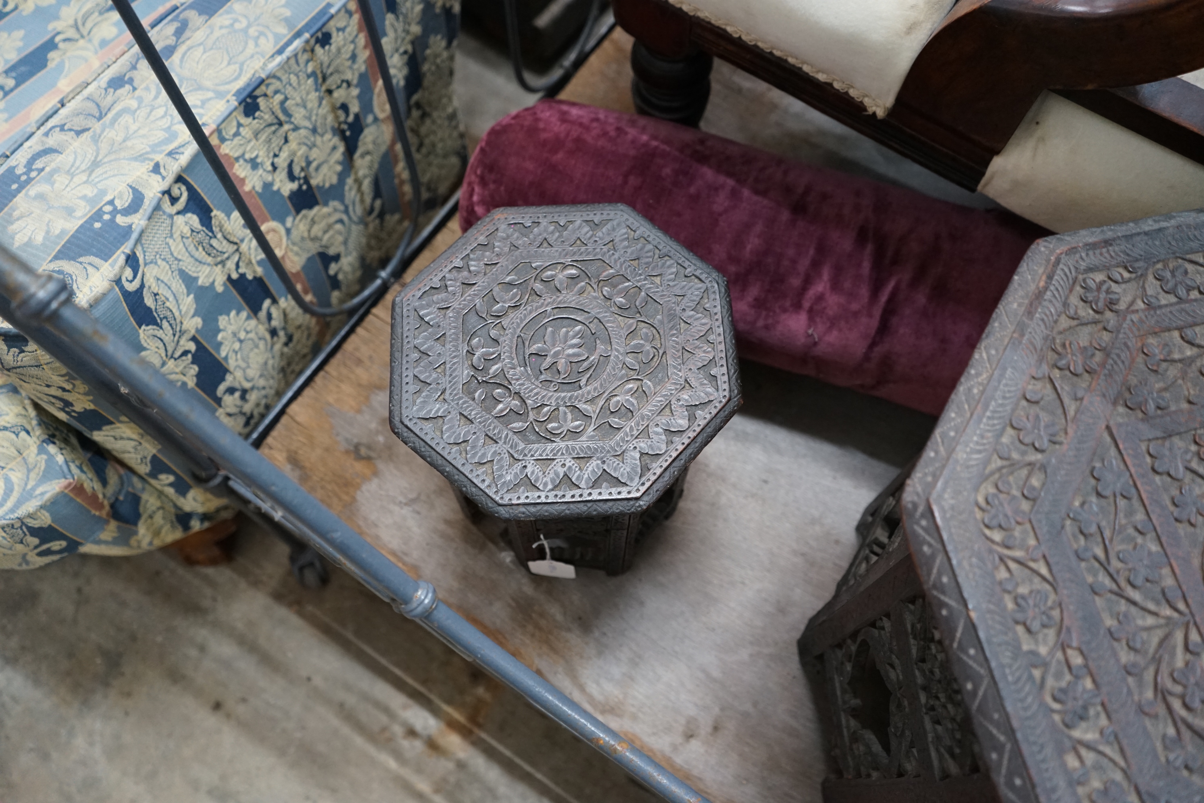 Three Indian and Moorish octagonal occasional tables, largest width 43cm height 53cm